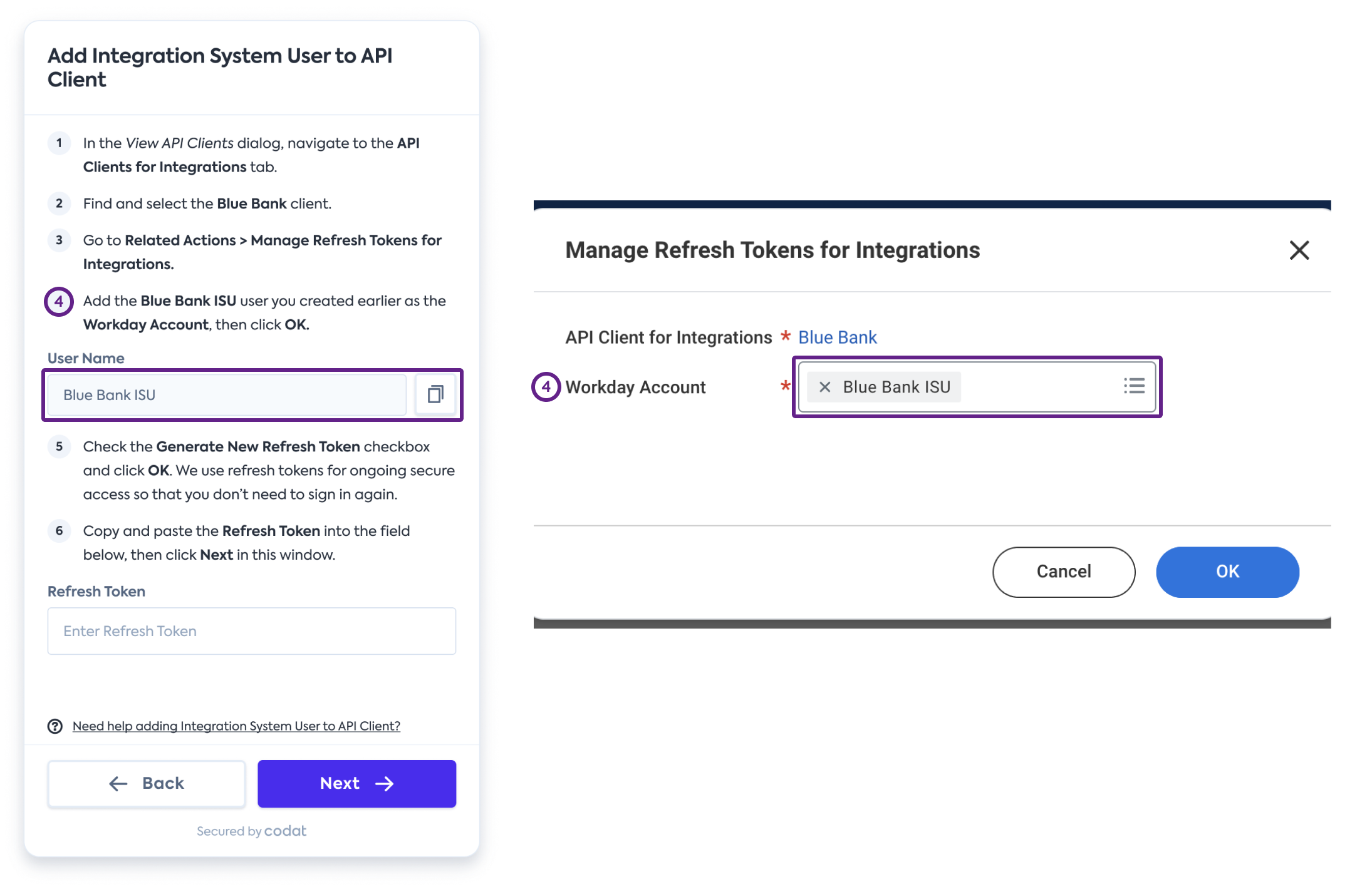 Screenshot of Workday’s interface displaying the relationship between Codat's connection flow and Workday.