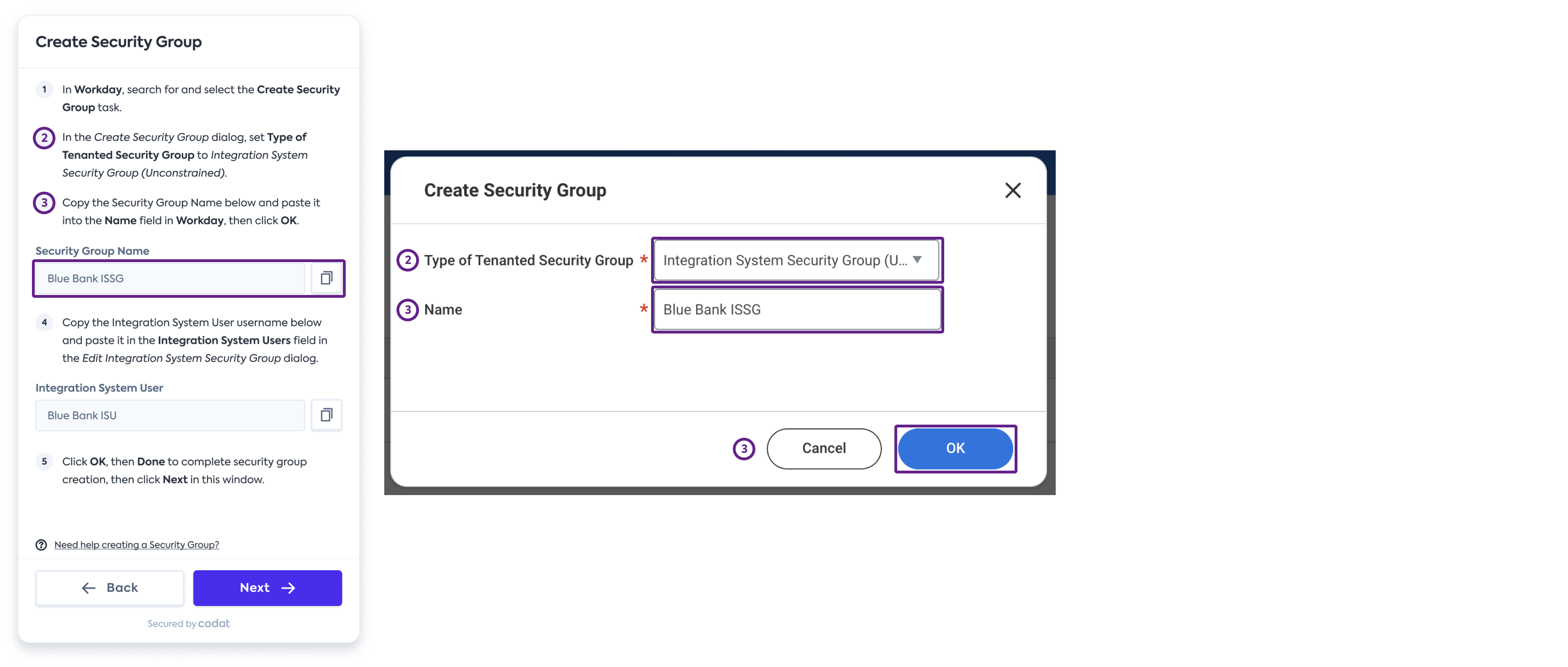 Screenshot of Workday’s interface displaying the Create Security Group dialog configured with the required fields.