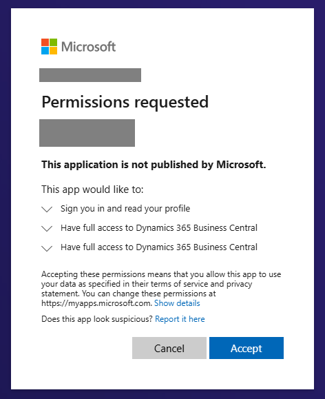 Screenshot of the Microsoft permissions request screen.